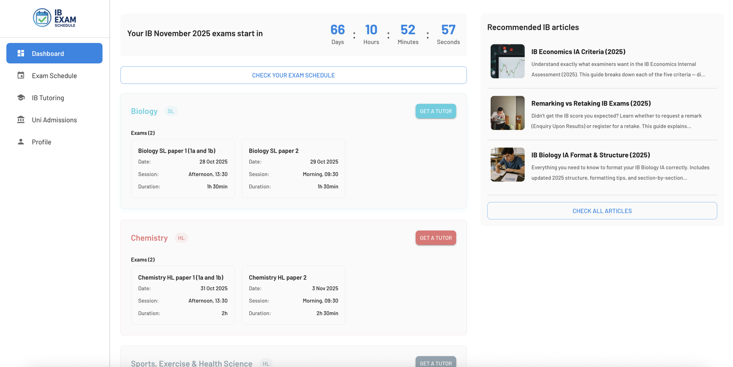 IB Exam Schedule dashboard with exam countdown, subject cards, and tutoring options